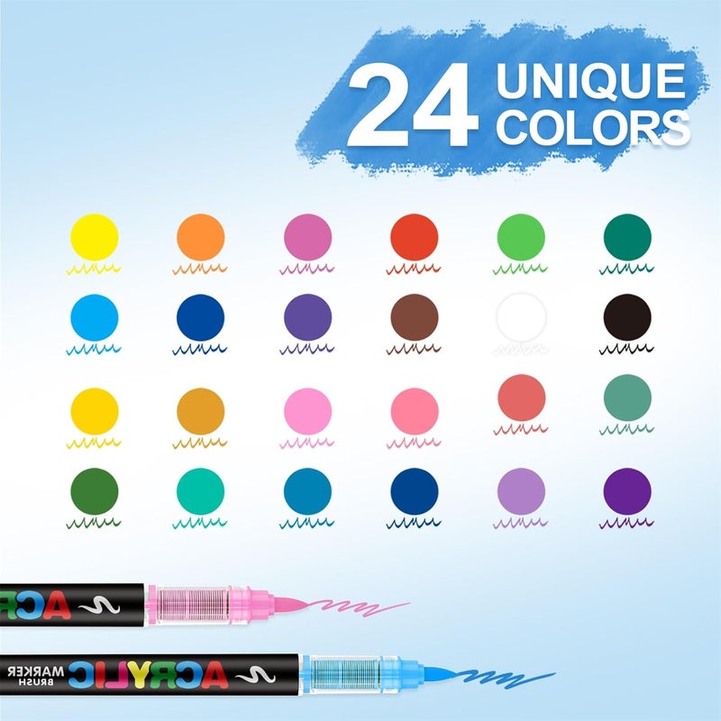 GuangNa Acrylic Paint Markers Brush Tip, 24 Vivid Colors with Direct-Liquid Ink Control System, Professional-Grade Paint Pen for Rock Painting, Canvas, Glass, Plastic, Fabric, Eggs - Image 4